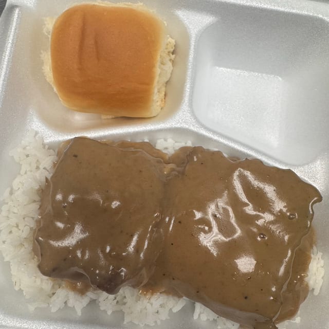 Hamburger Steak with Rice and Gravy Entree.